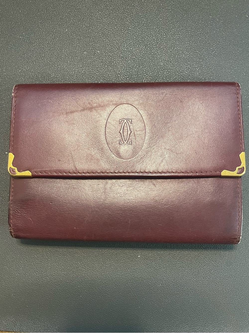 Authentic Vintage Must de Cartier Burgundy Leather Trifold Wallet w/ Certificate